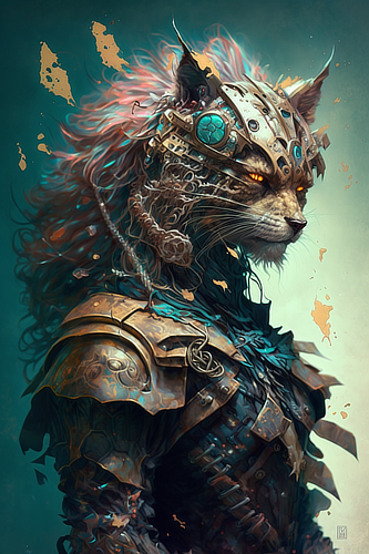 a cat in armor with glowing eyes