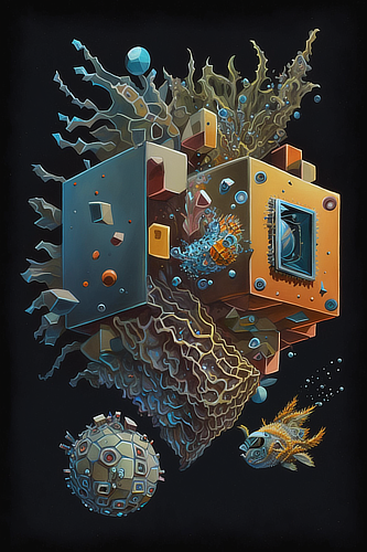 a colorful artwork of a fish and a cube