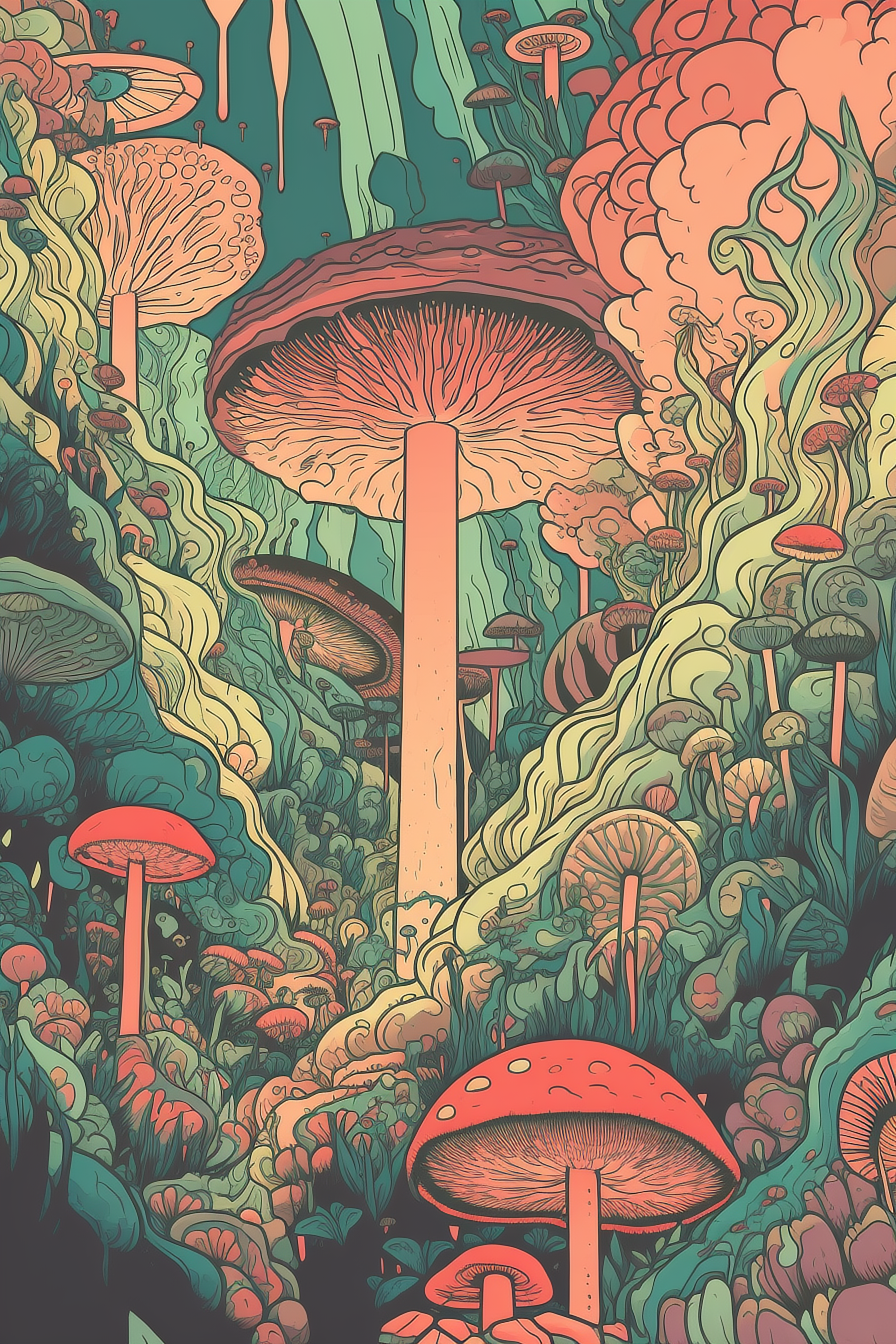 a colorful art of mushrooms