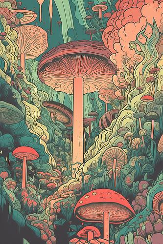 a colorful art of mushrooms
