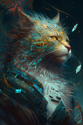 a cat with a gold and blue face