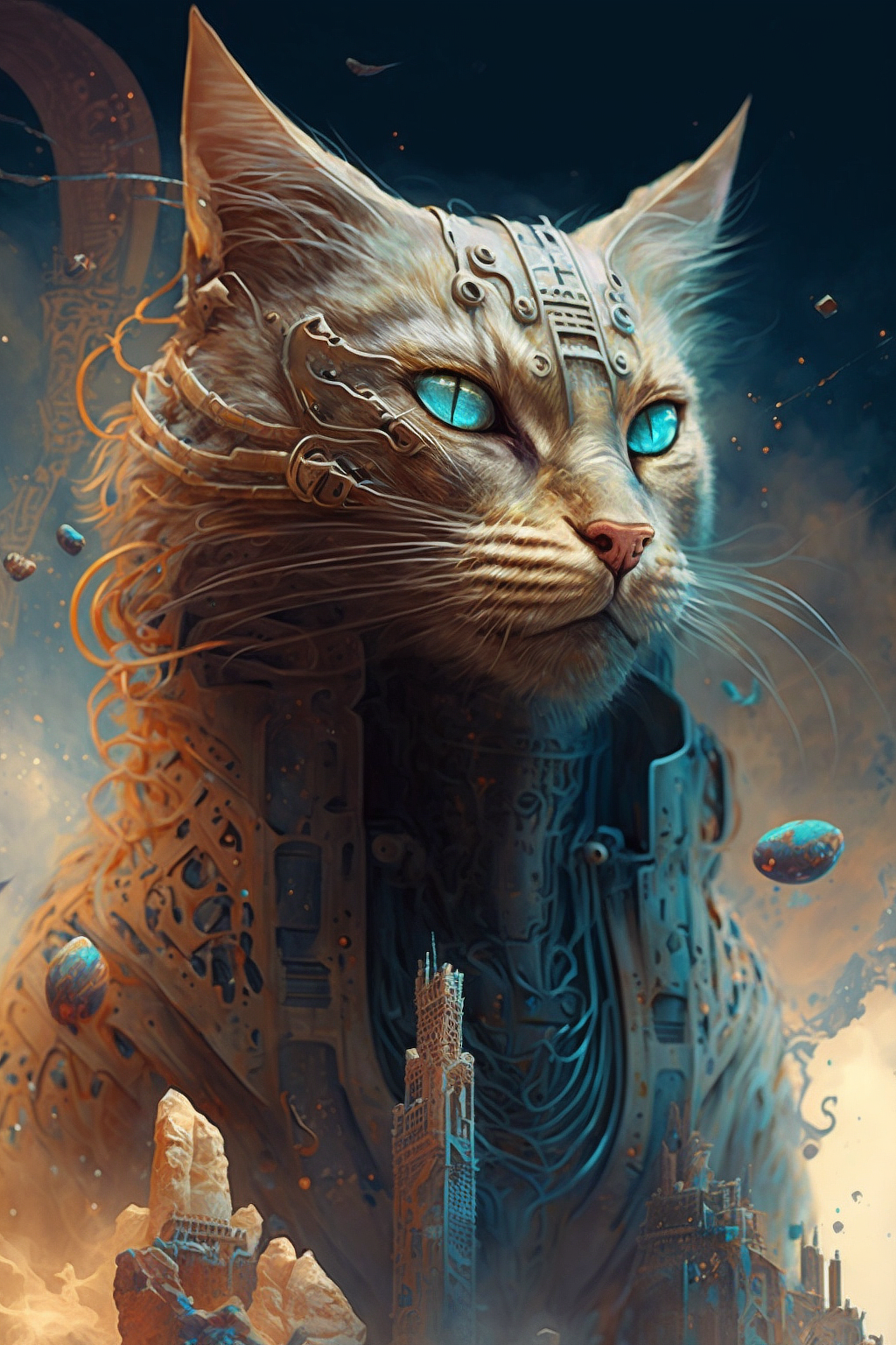 a cat with blue eyes and a city in the background