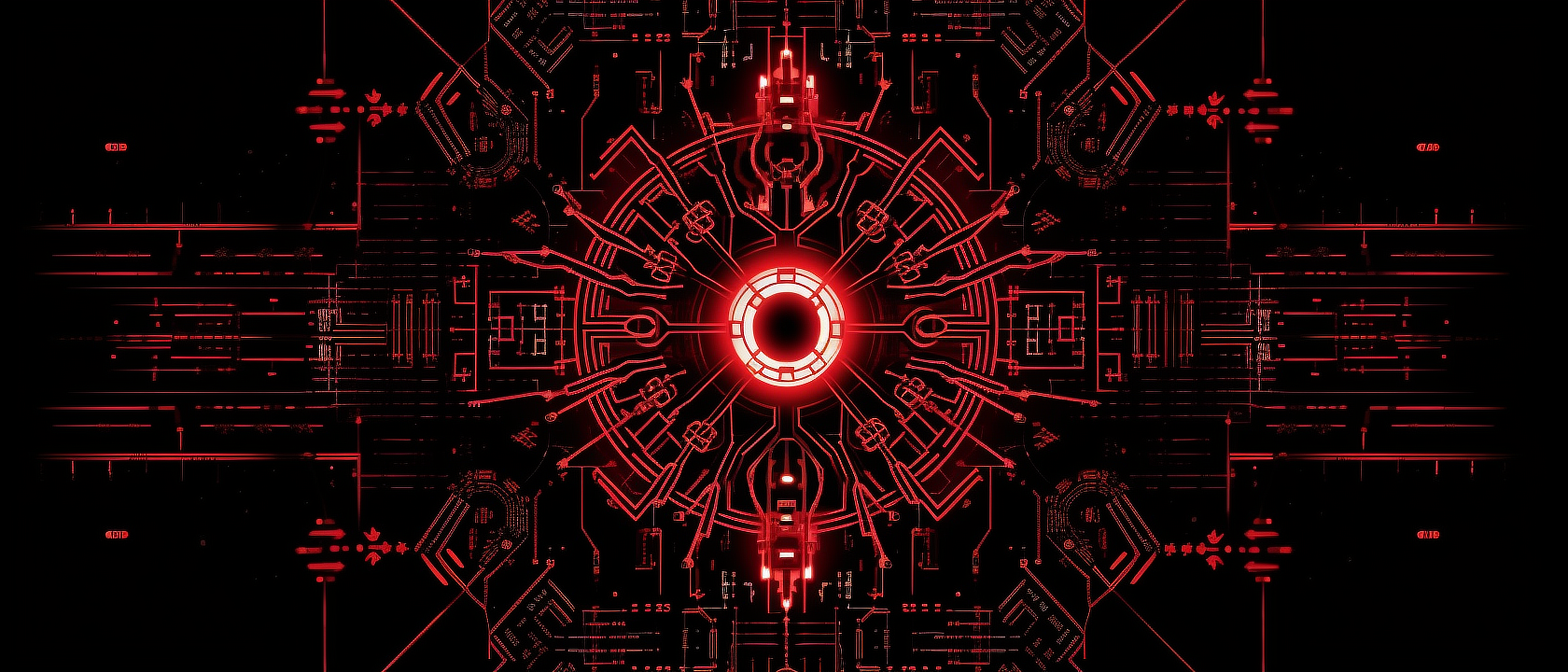 a red and black circular pattern with lines and wires