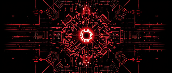 a red and black circular pattern with lines and wires