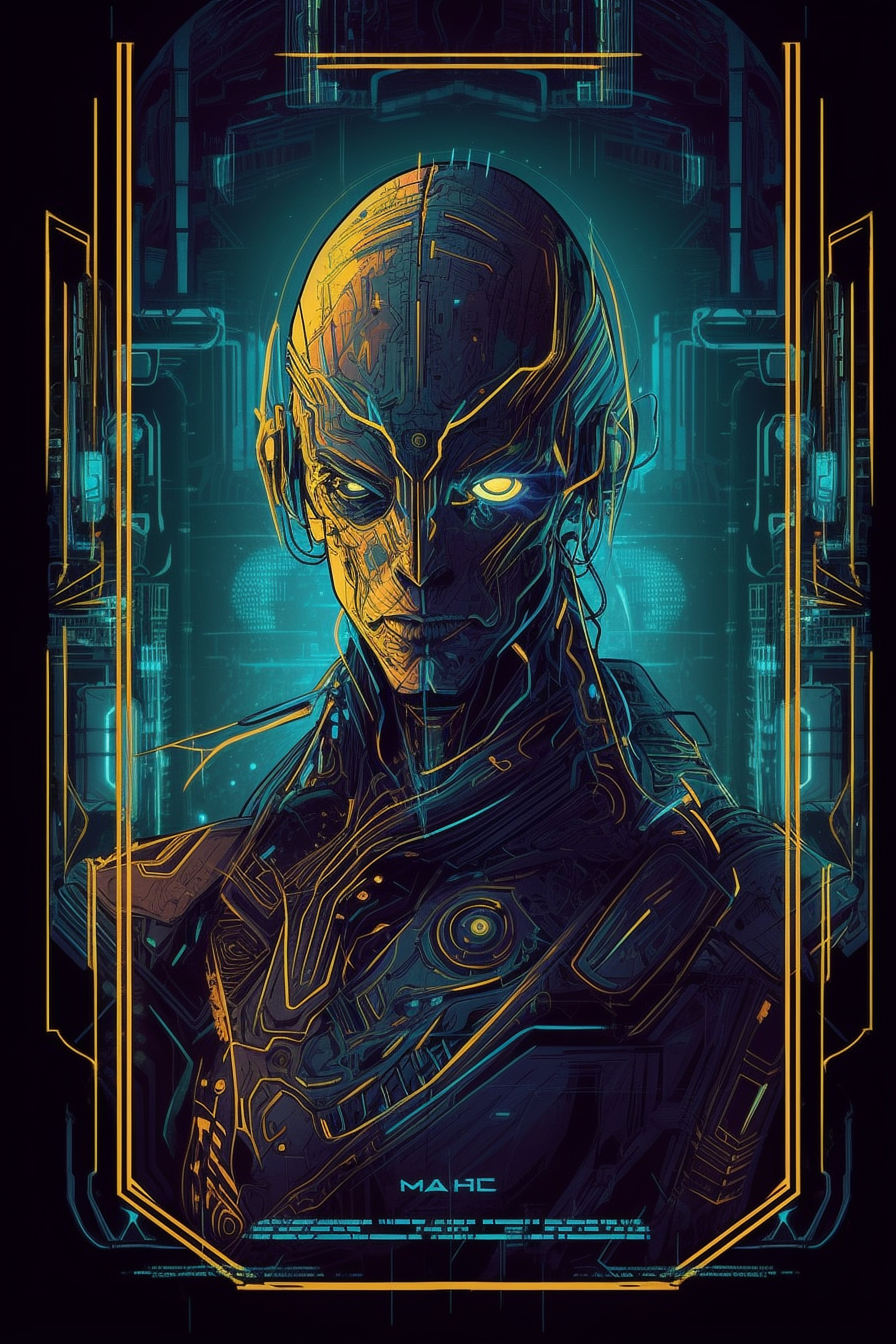 a robot with yellow eyes