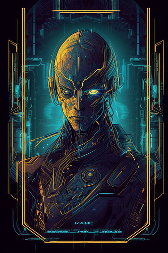 a robot with yellow eyes