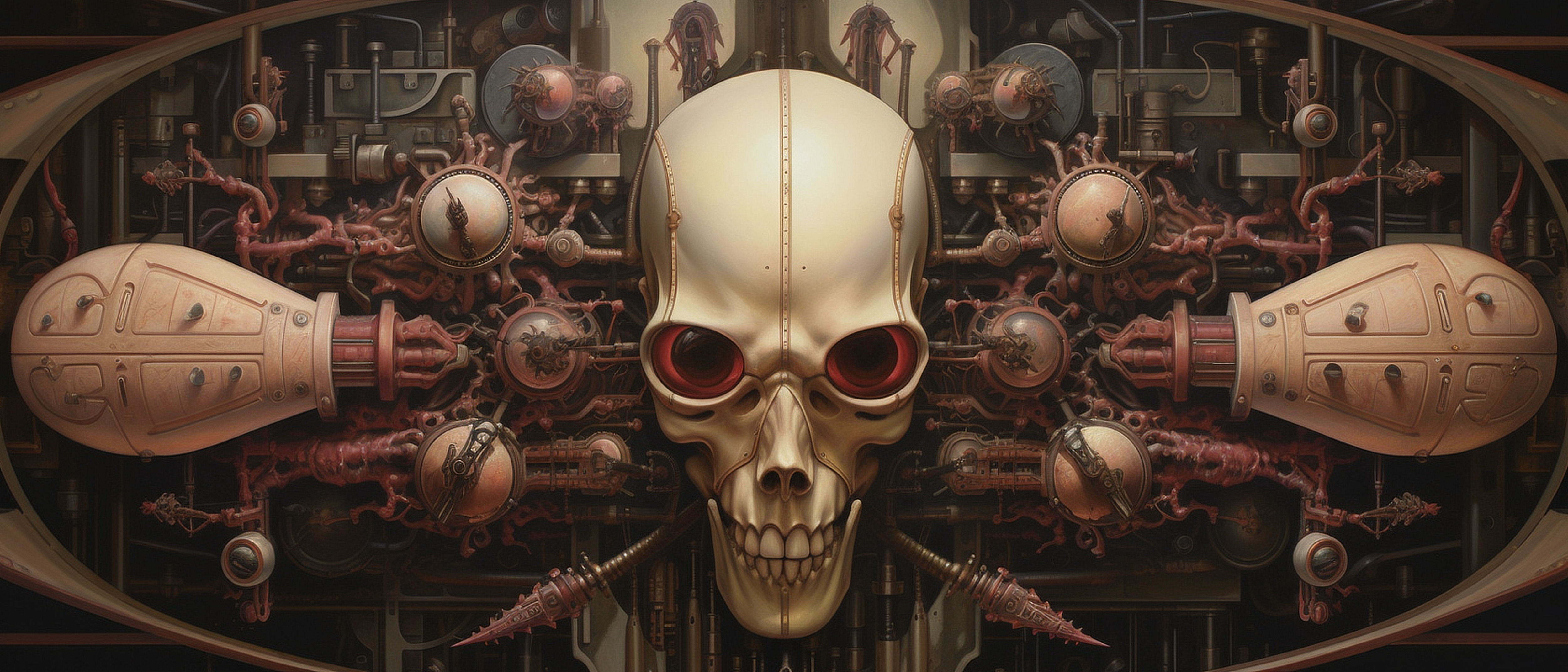 a skull with red eyes and many round objects