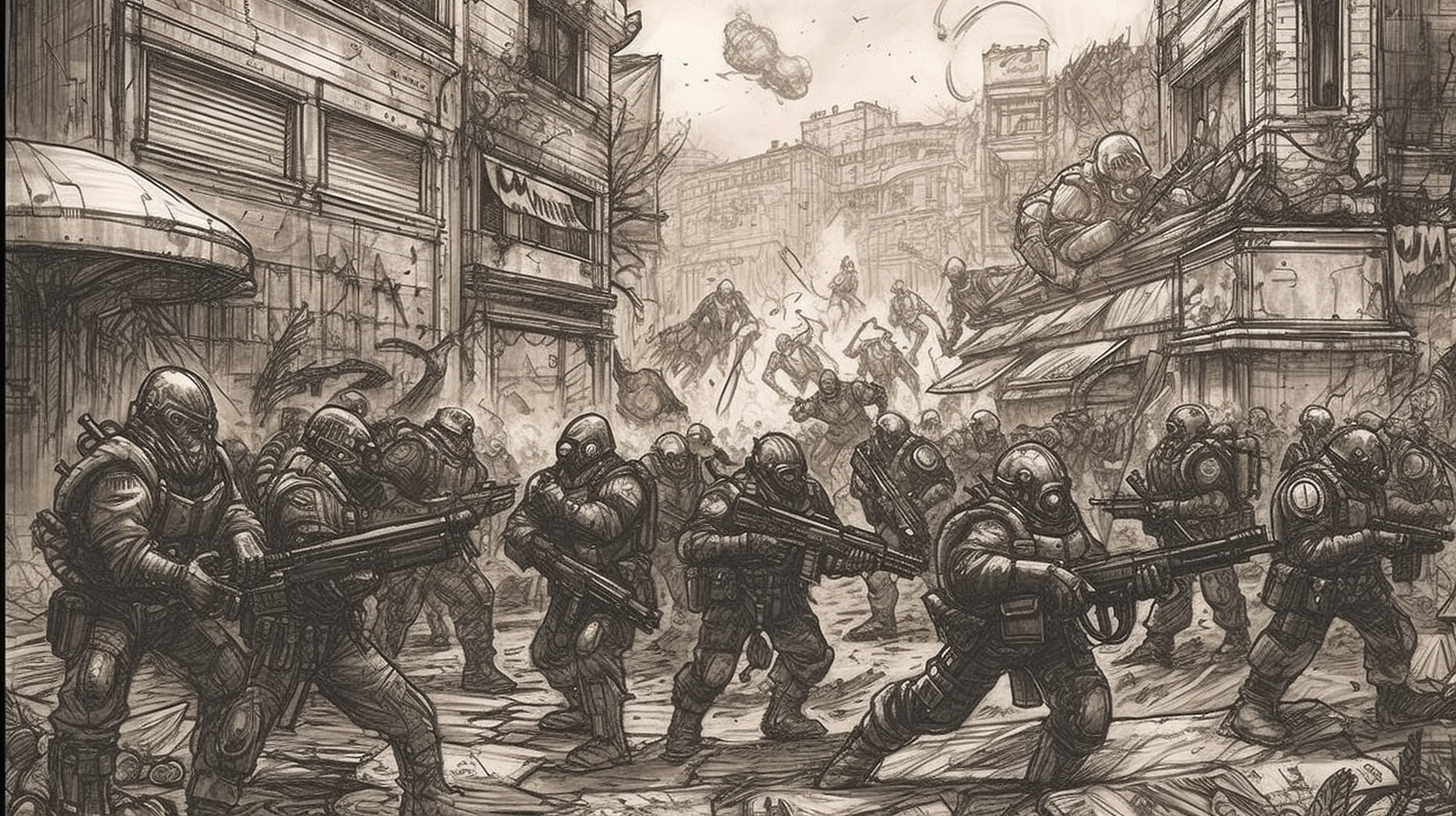 a drawing of soldiers in a city