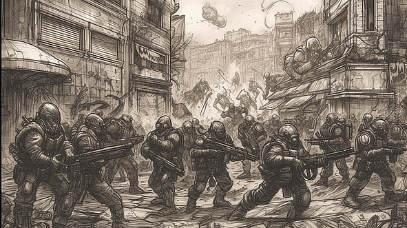 a drawing of soldiers in a city