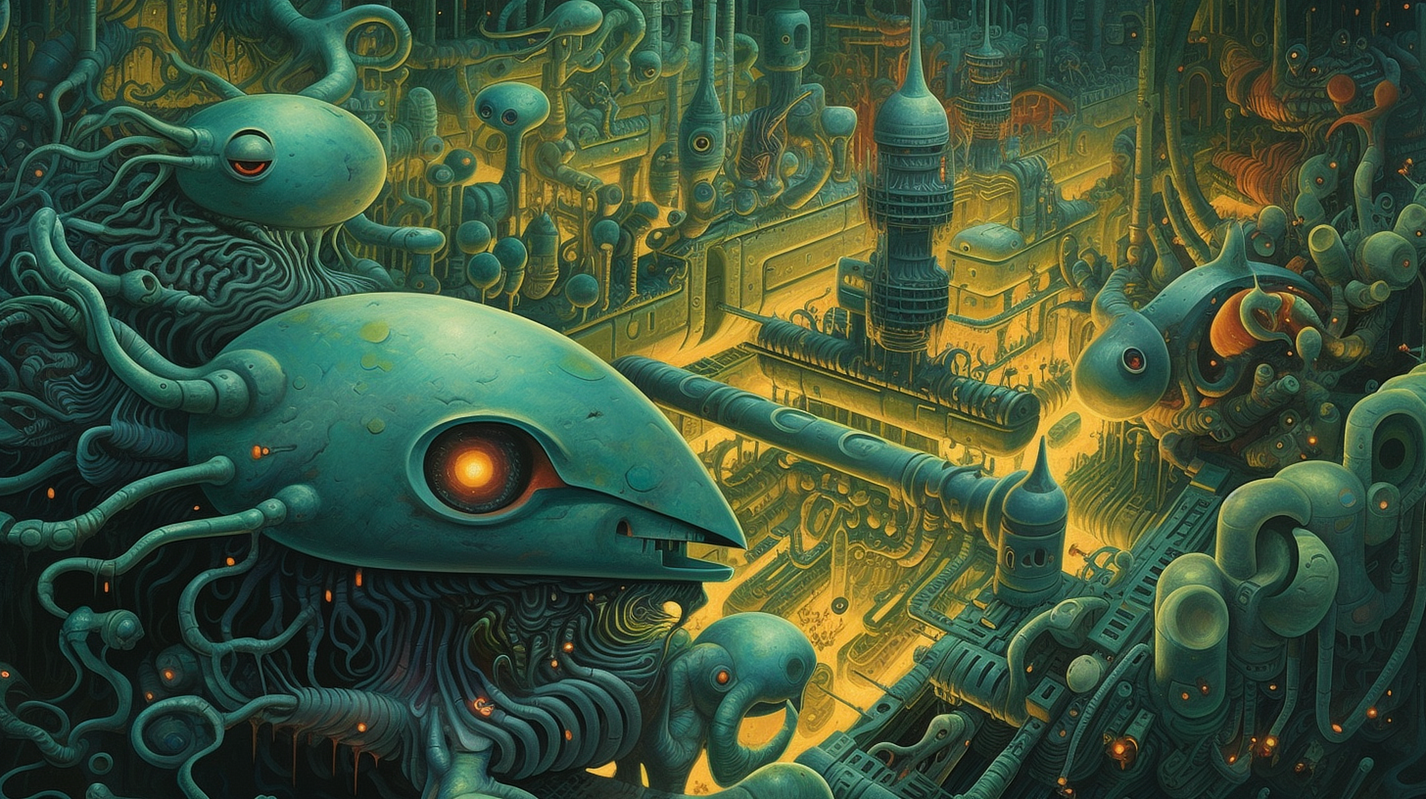 a green alien creature with yellow eyes and a large green object