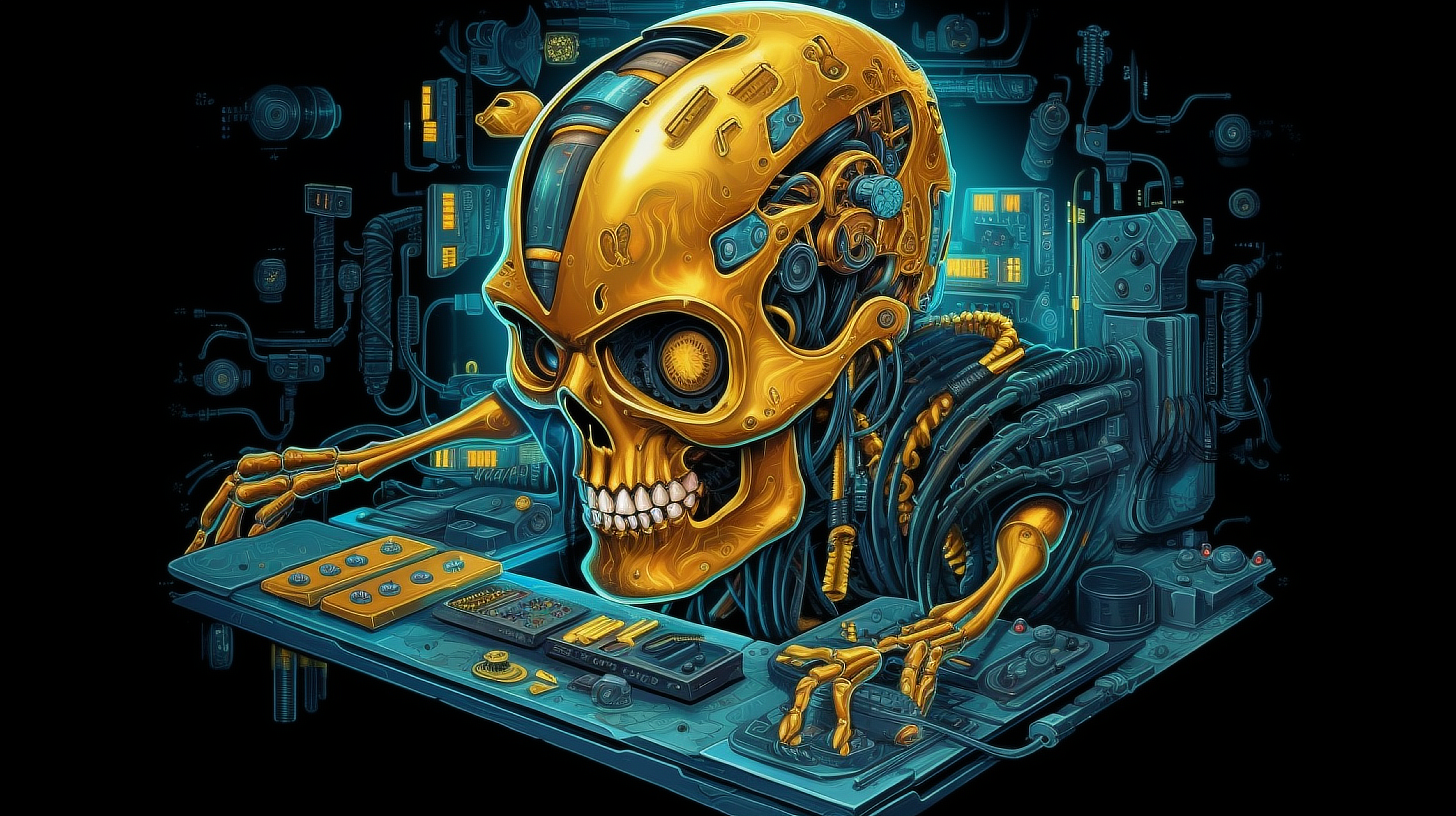 a robot with a skull on a desk