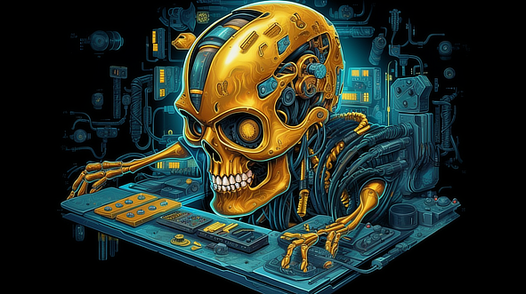 a robot with a skull on a desk