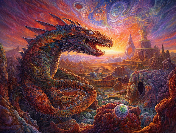 a colorful dragon in a desert