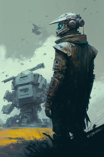 a man in a black robe and a large robot