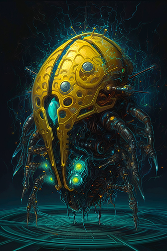 a yellow and blue robot with many legs