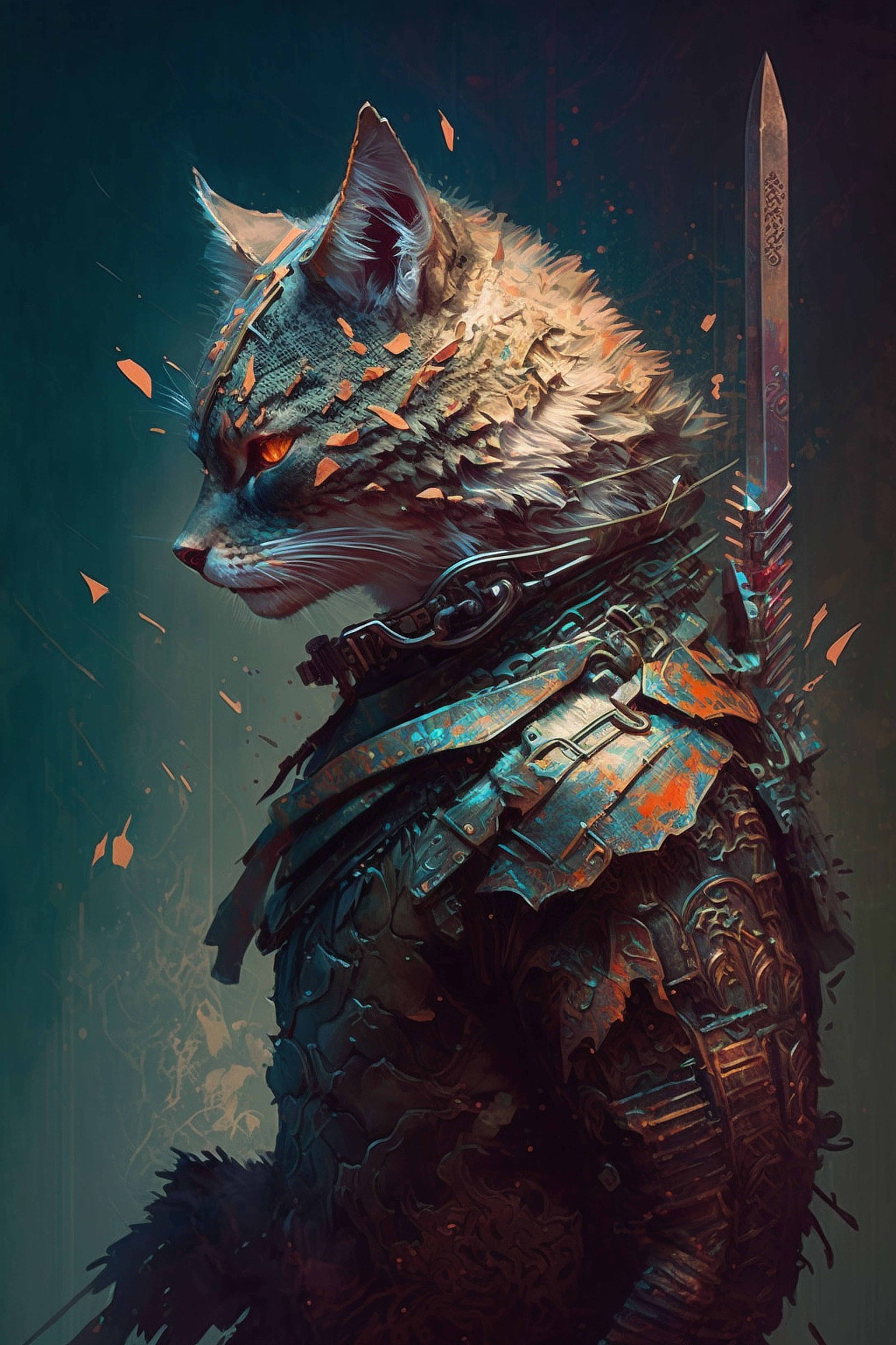 a cat in armor with a sword