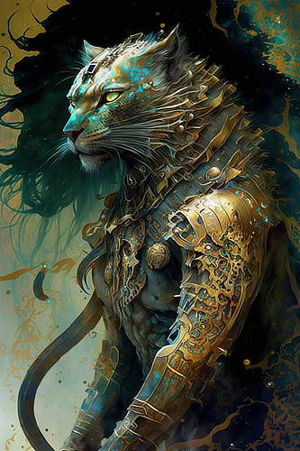 a cat in armor with a green and blue mane