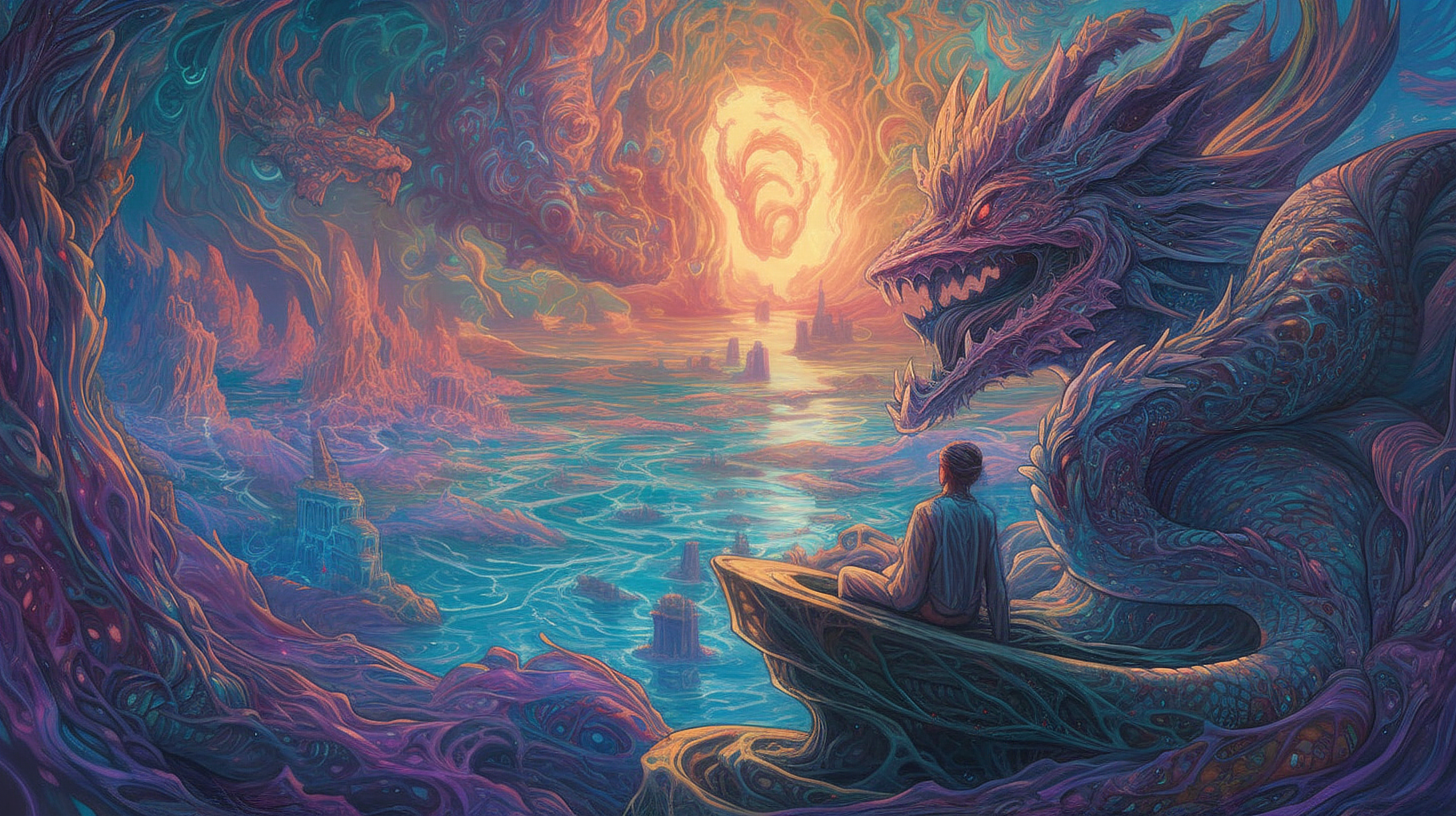 a man sitting in a boat looking at a dragon