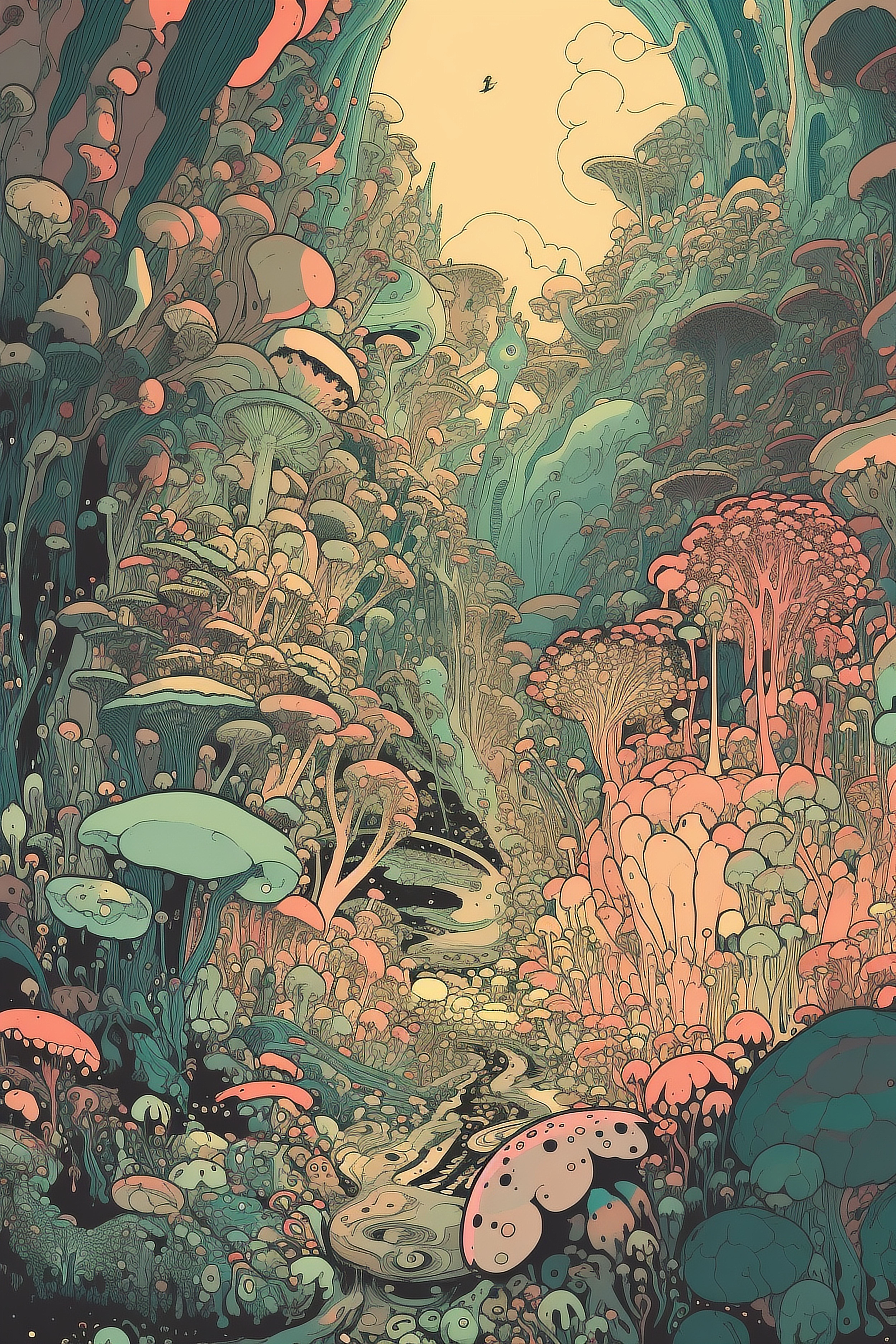 a colorful forest with mushrooms