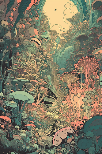 a colorful forest with mushrooms