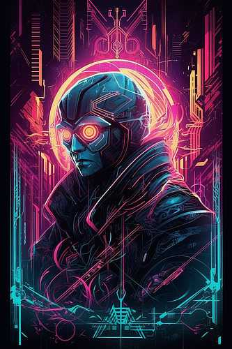 a poster of a man with a helmet and glowing eyes