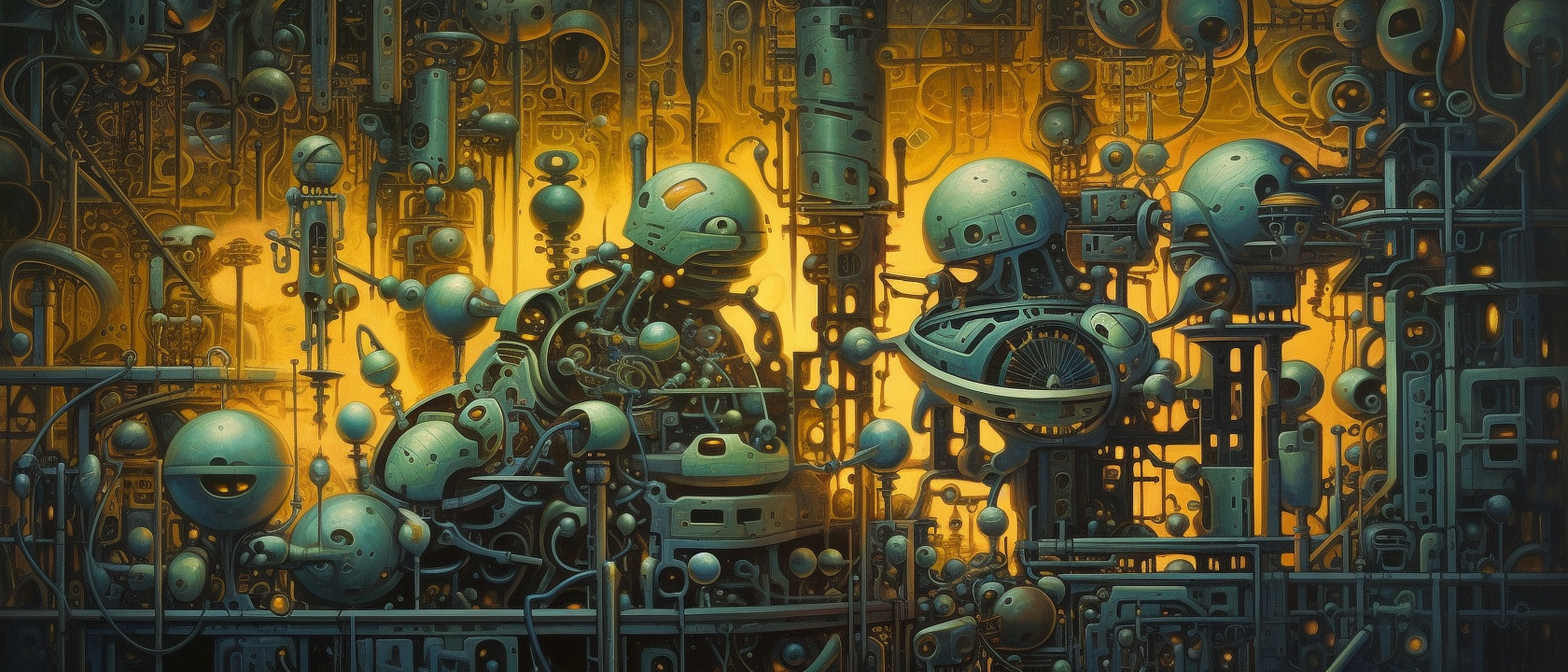 a group of robots in a room with yellow light