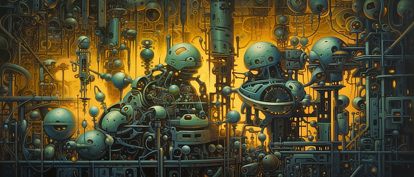 a group of robots in a room with yellow light