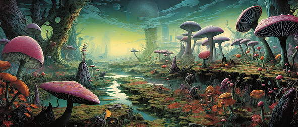 a colorful landscape with mushrooms and a stream