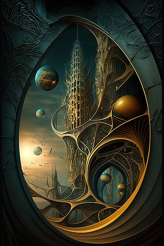 a window with a building and many planets