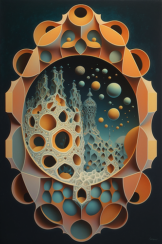a artwork of a city with many circles and holes