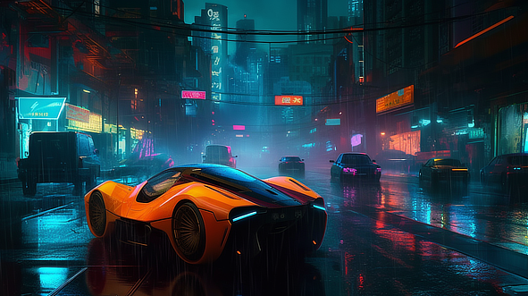 a car driving on a wet street in a city