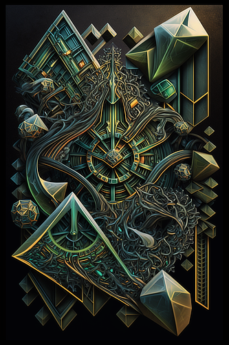 a artwork of a building and many different shapes