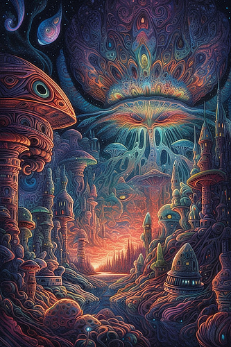 a colorful artwork of a fantasy city