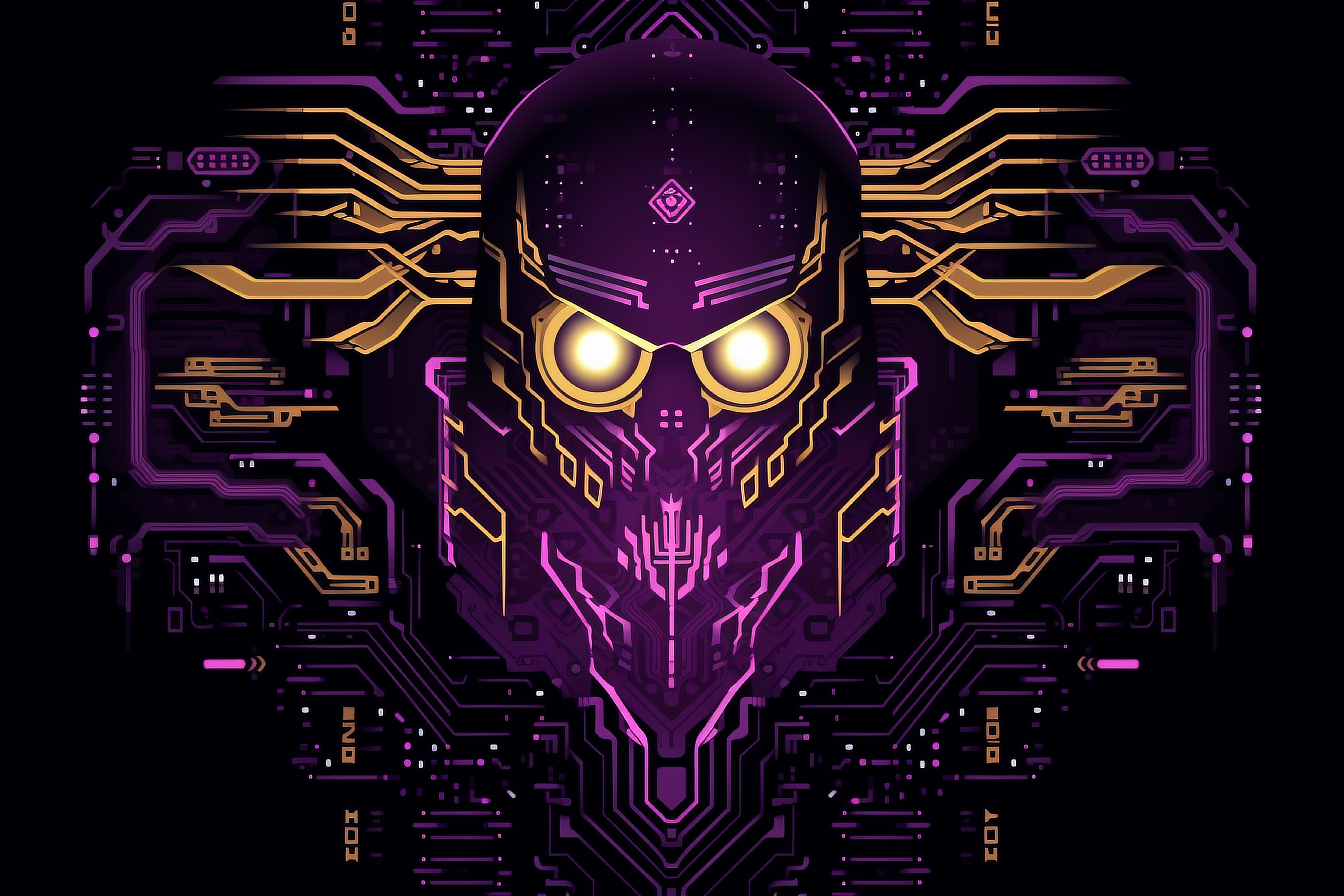 a purple and yellow robot head with yellow eyes