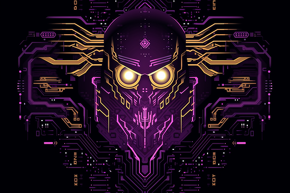 a purple and yellow robot head with yellow eyes