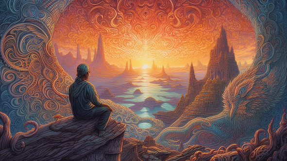 a man sitting on a rock looking at a sunset