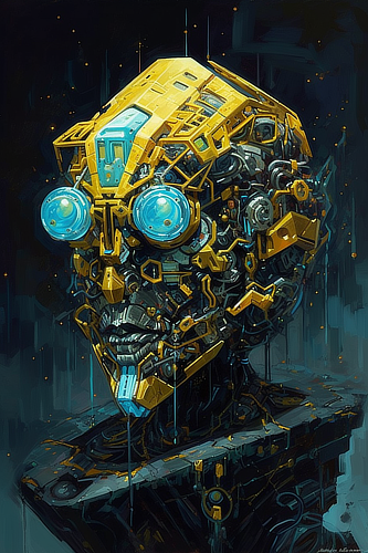 a robot head with blue and yellow metal parts