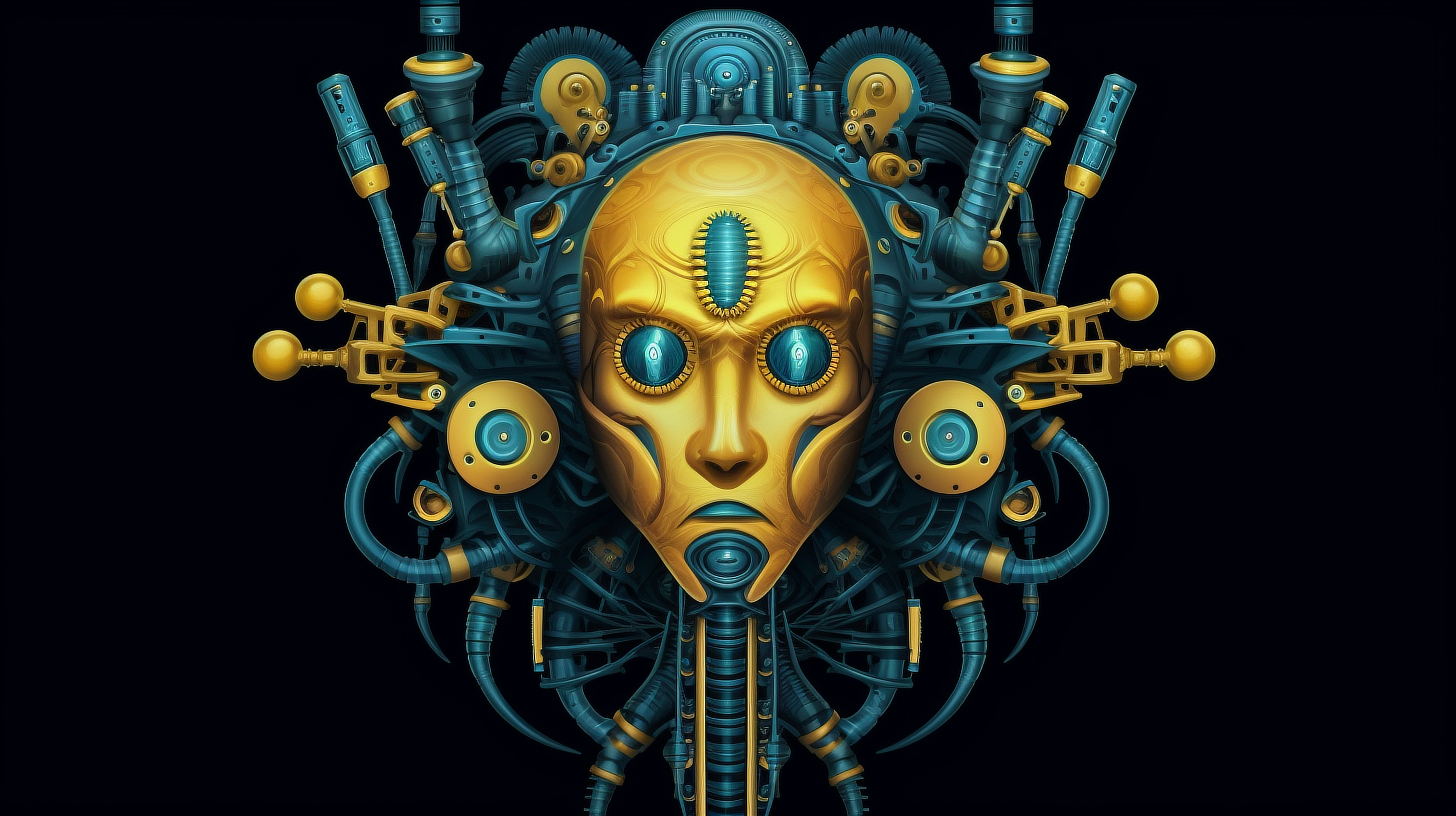 a gold and blue robot face