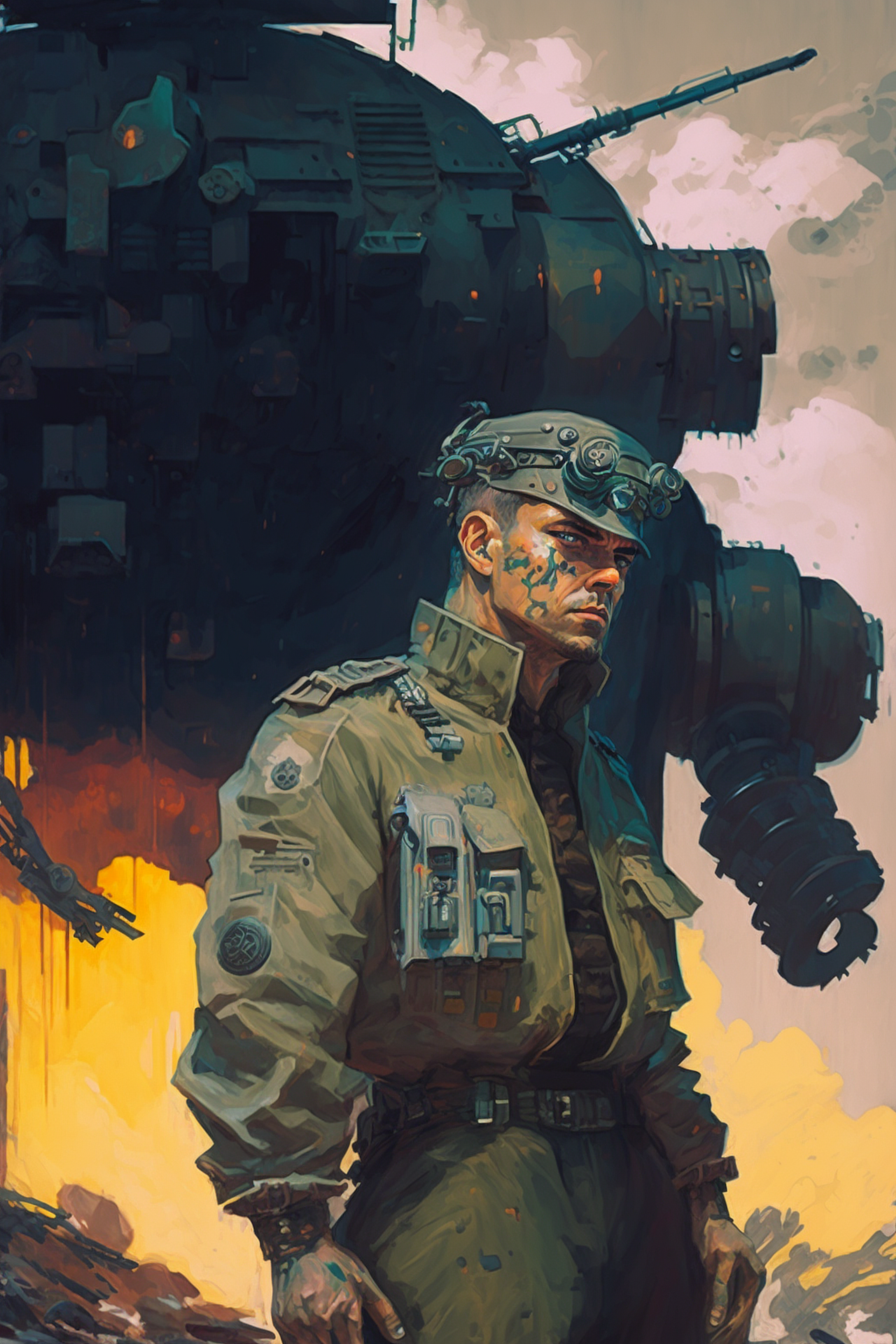 a man in military uniform with a helmet and a large machine