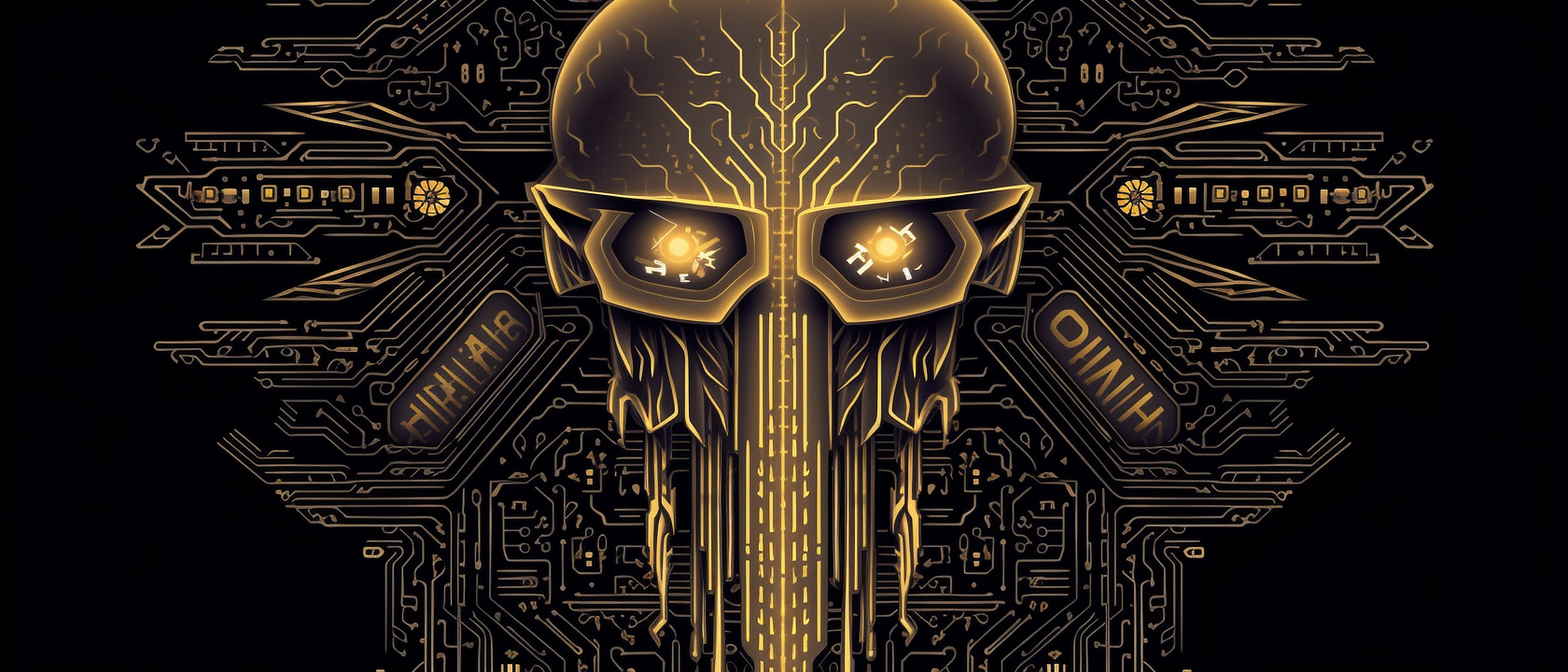 a skull with yellow eyes and a circuit board