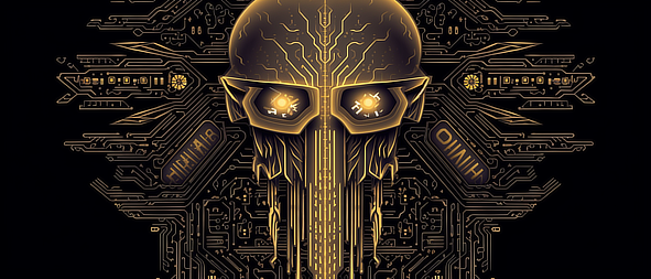 a skull with yellow eyes and a circuit board