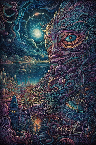 a colorful artwork of a face and a body of water