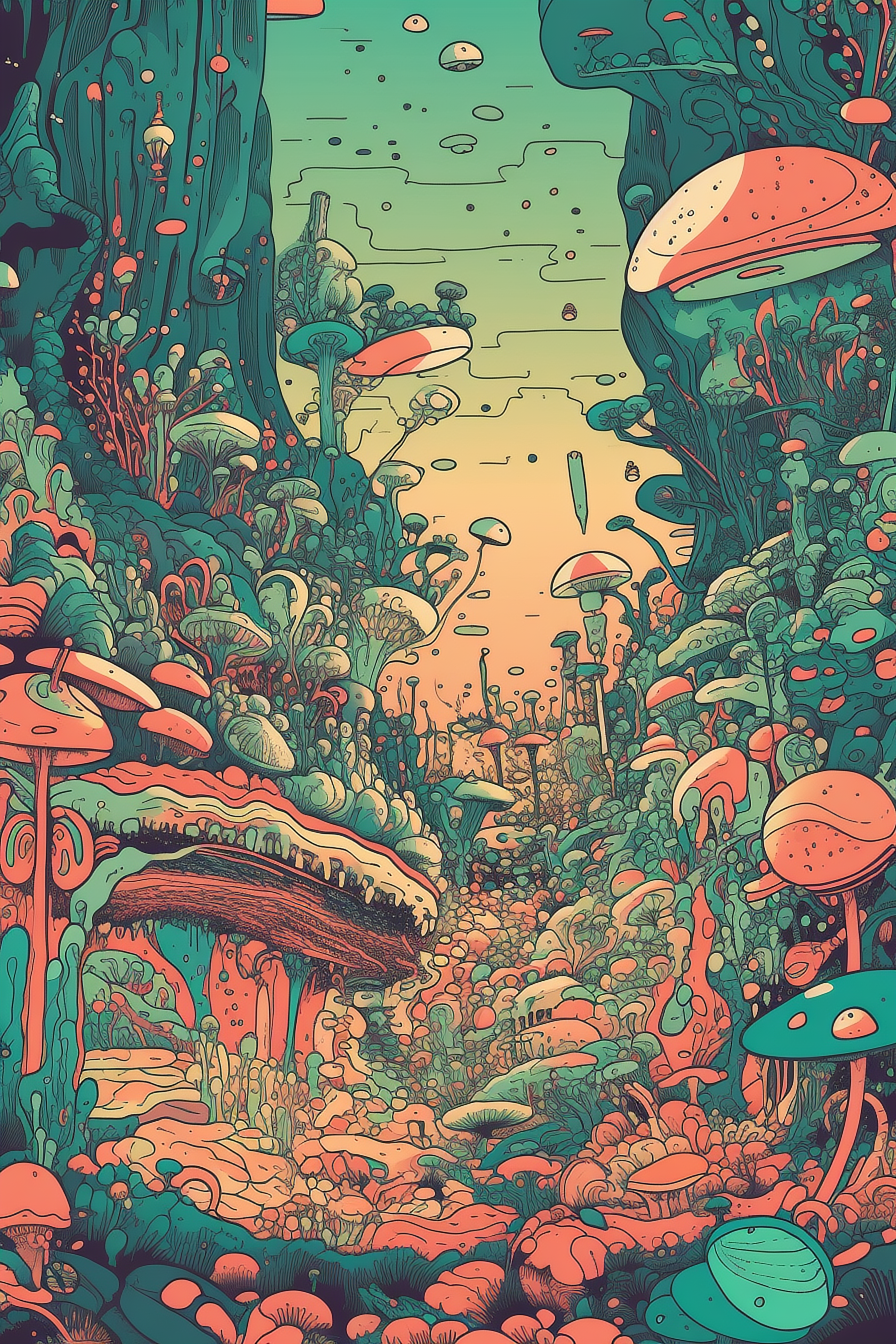 a colorful cartoon of mushrooms