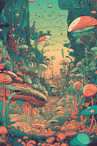 a colorful cartoon of mushrooms