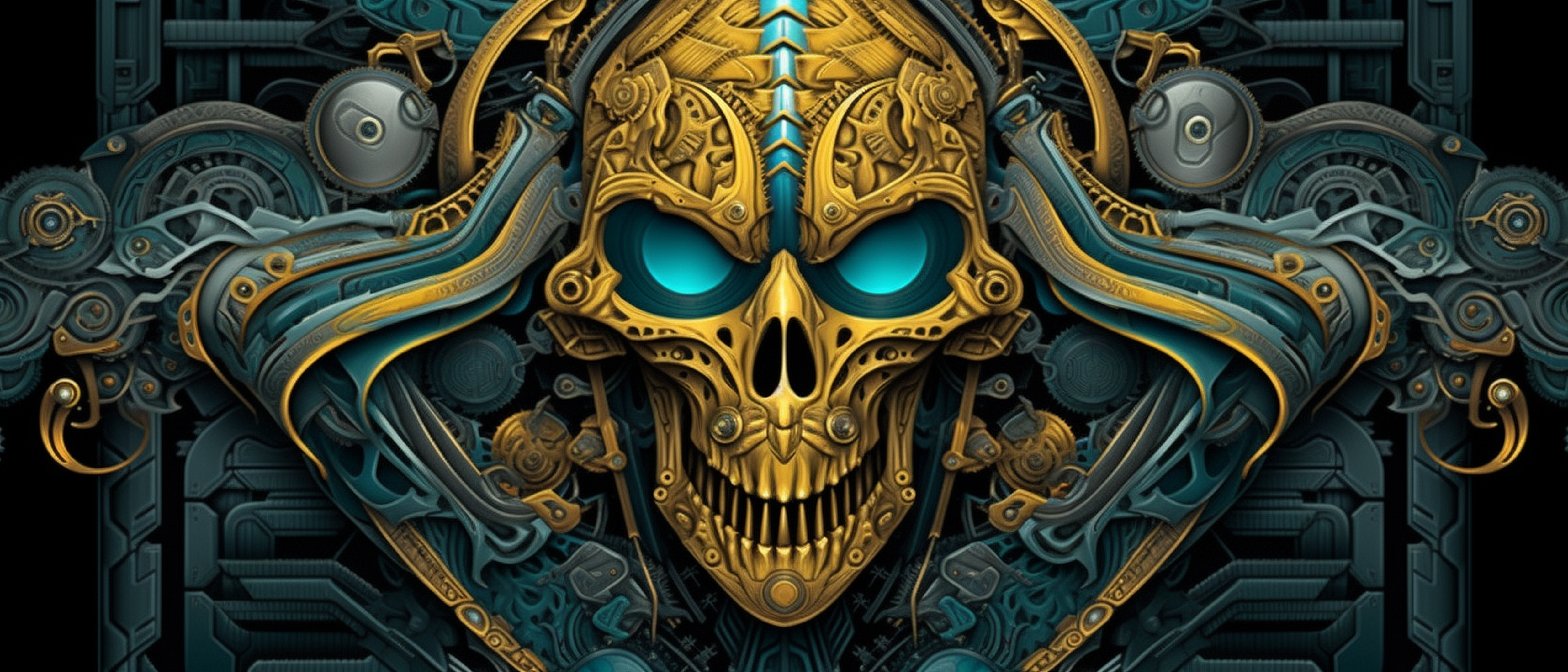a gold and blue skull