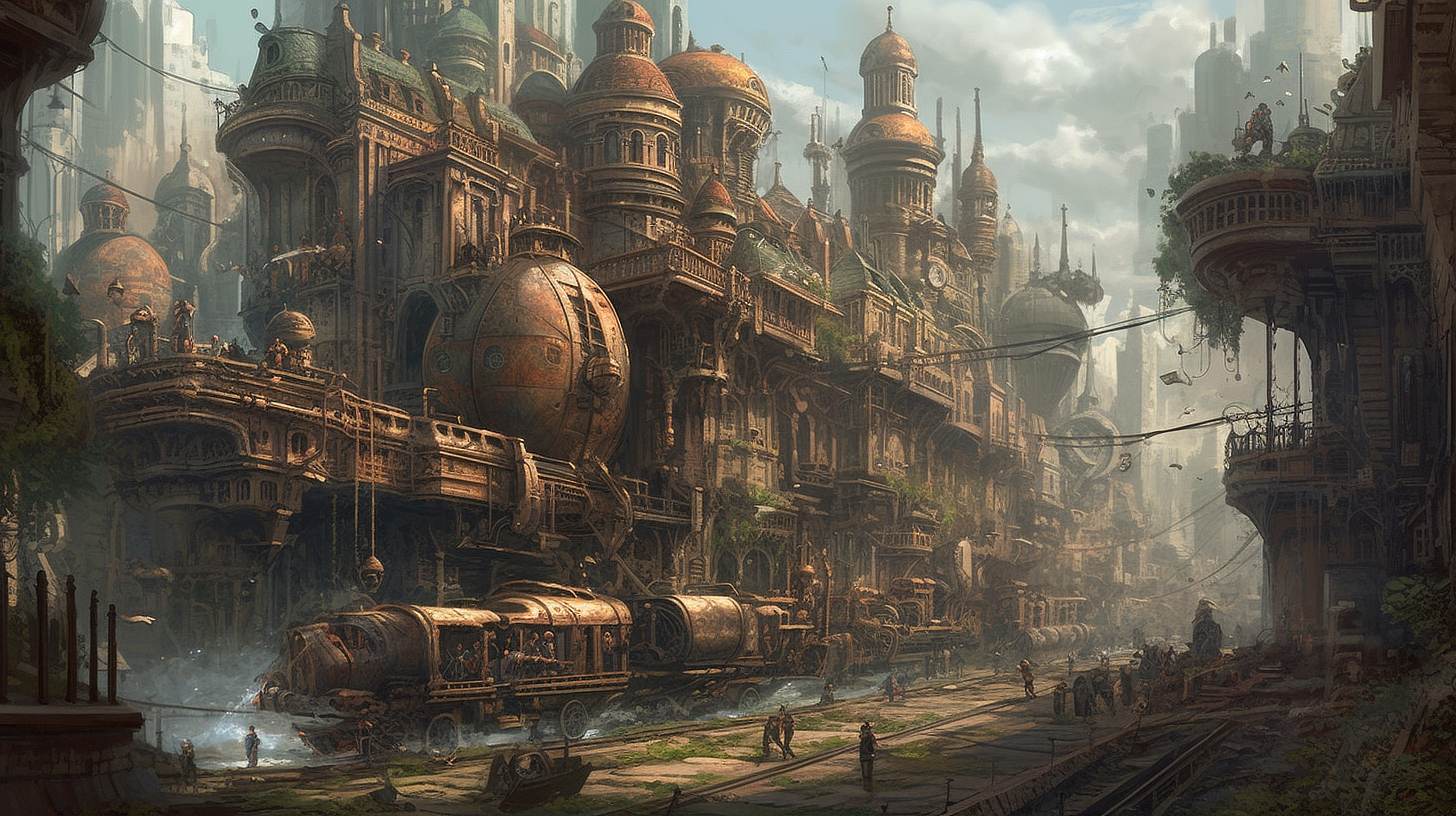 a steampunk city with many towers and towers