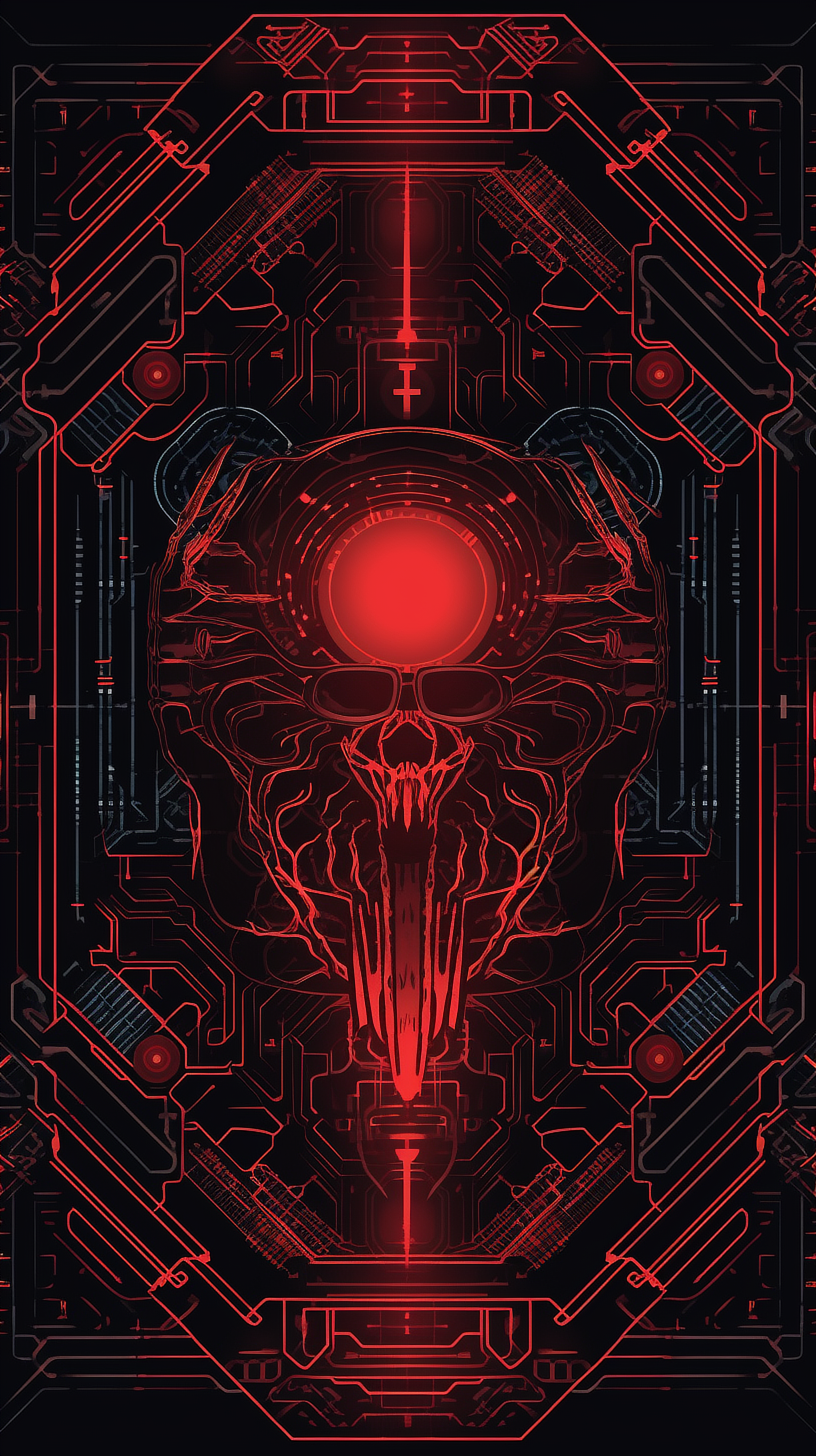 a red and black background with a skull and a red circle