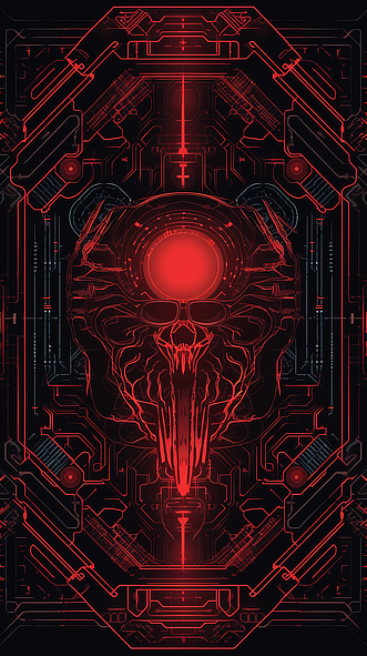 a red and black background with a skull and a red circle