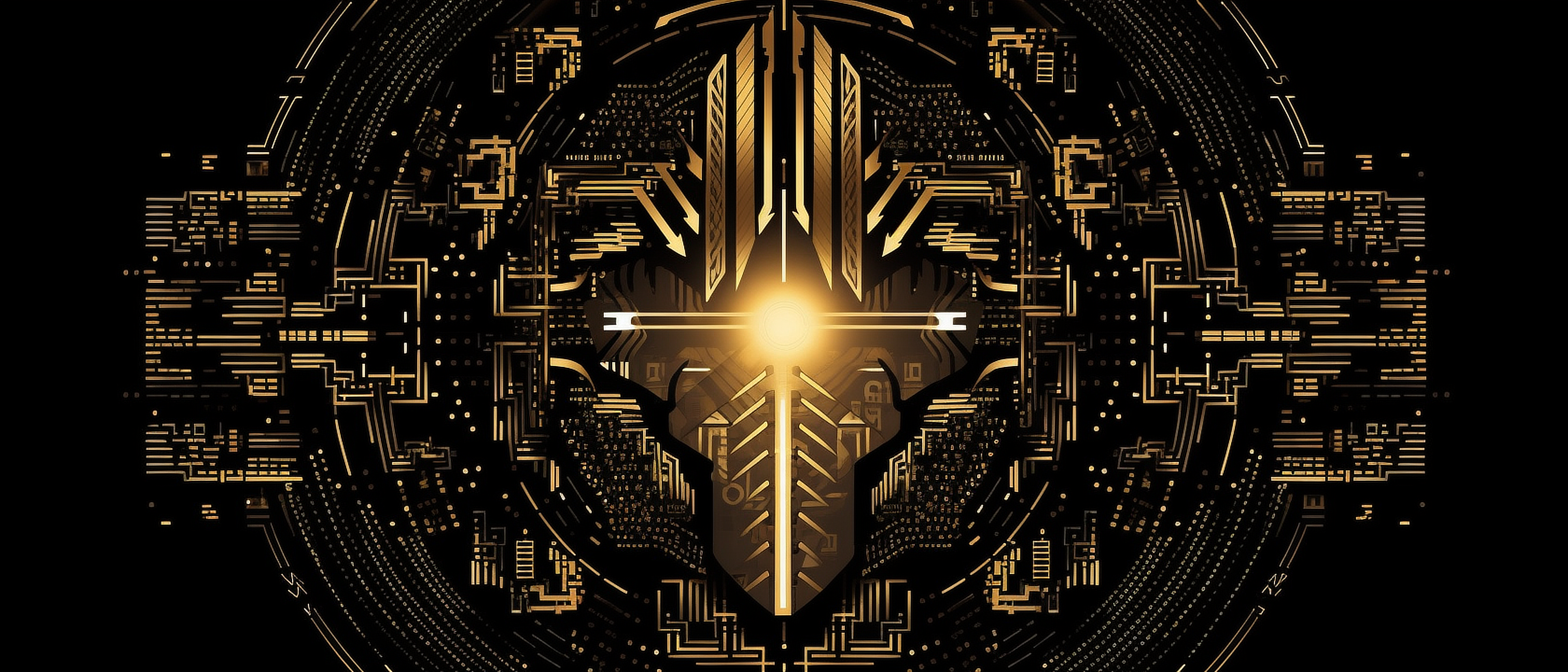 a gold and black background with a cross and a light