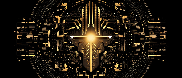 a gold and black background with a cross and a light